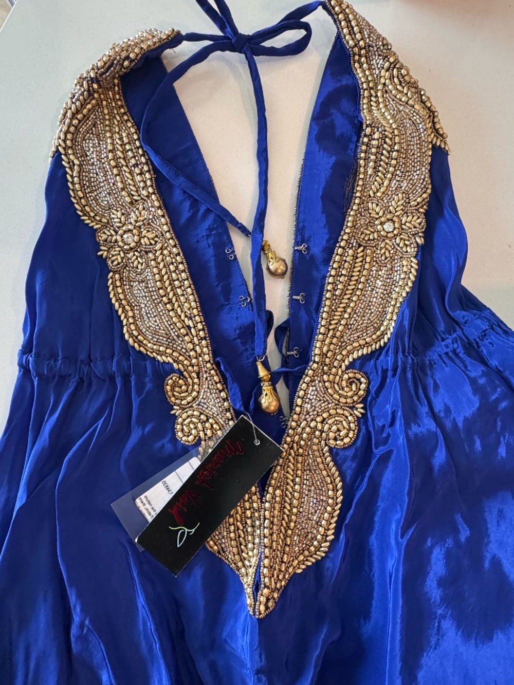 NWT Manish Vaid Royal Blue Silk Halter Mini Dress Gold Hand Beaded India OS $189